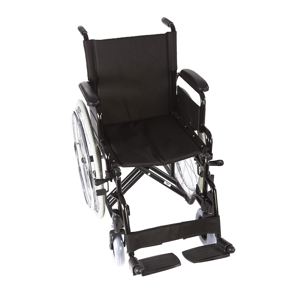 Scaun cu rotile din otel, pliabil, material textil, antrenare manuala, manere rabatabile, sezut 41 cm, negru