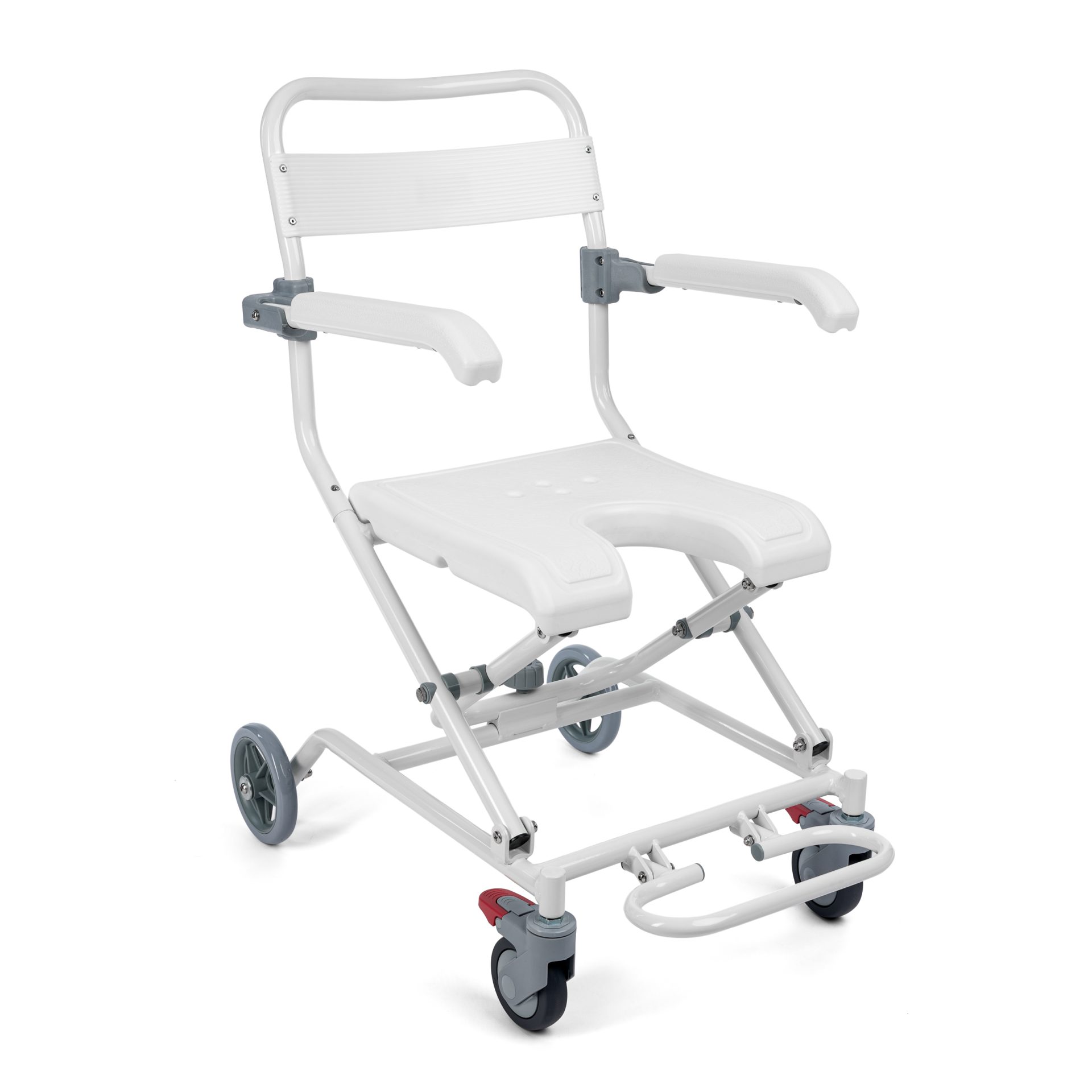Scaun cu rotile pentru dus din aluminiu cu spatar si sezut in forma de U, ergonomic, pliabil, alb, Timago
