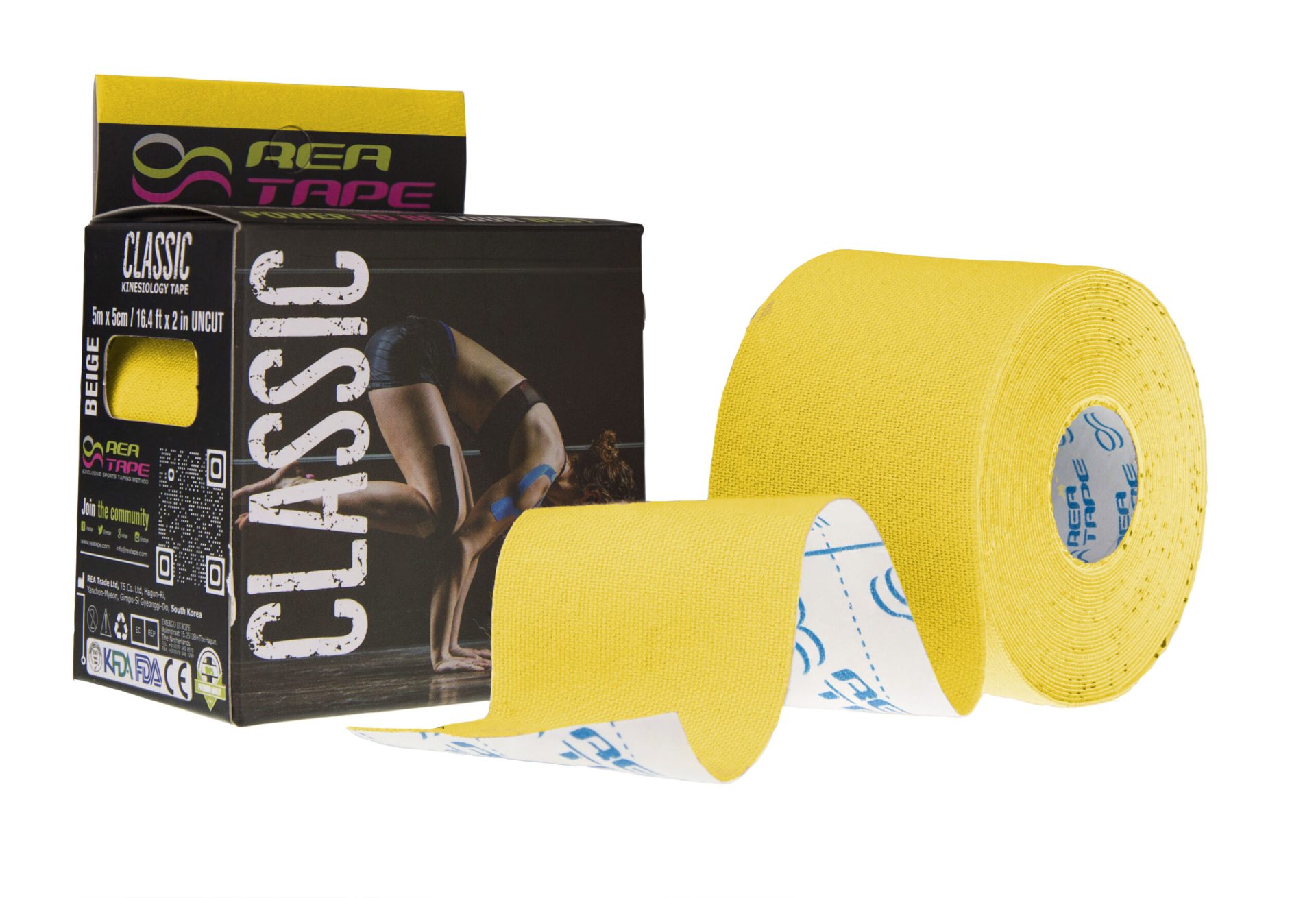 Banda kinesiologica premium REA Tape 5cm x 5m cu extra adeziv pentru sportivi culoare Galben